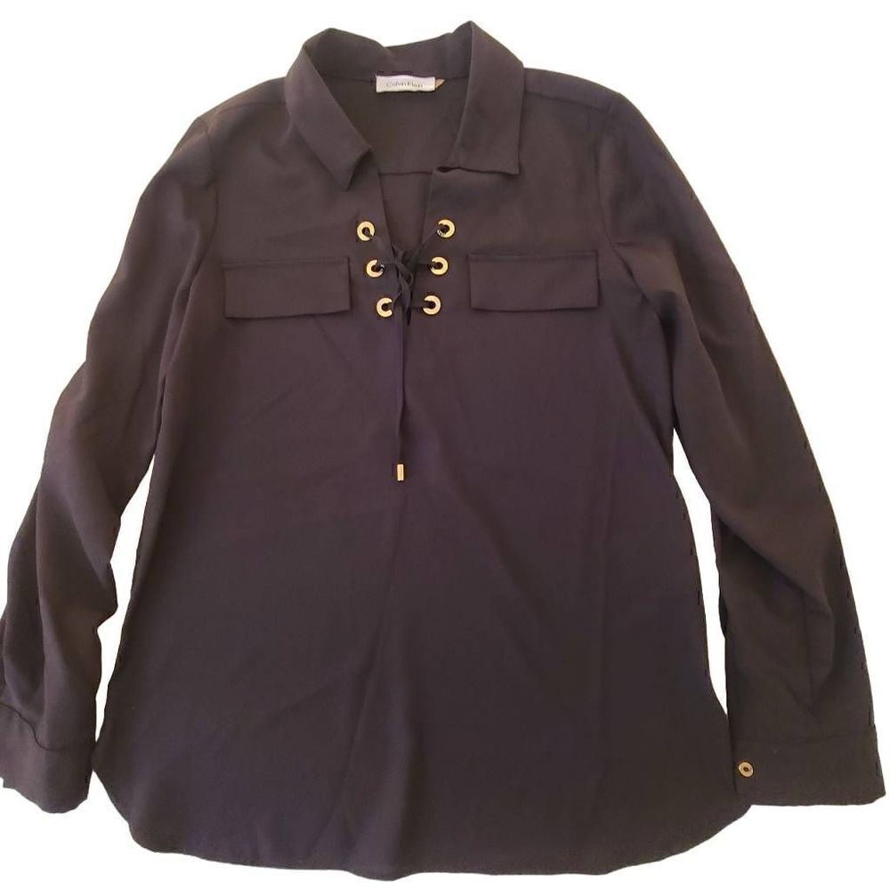 Calvin Klein Womens Black Gromit Tie V Neck Collared Roll Tab Sleeves Blouse